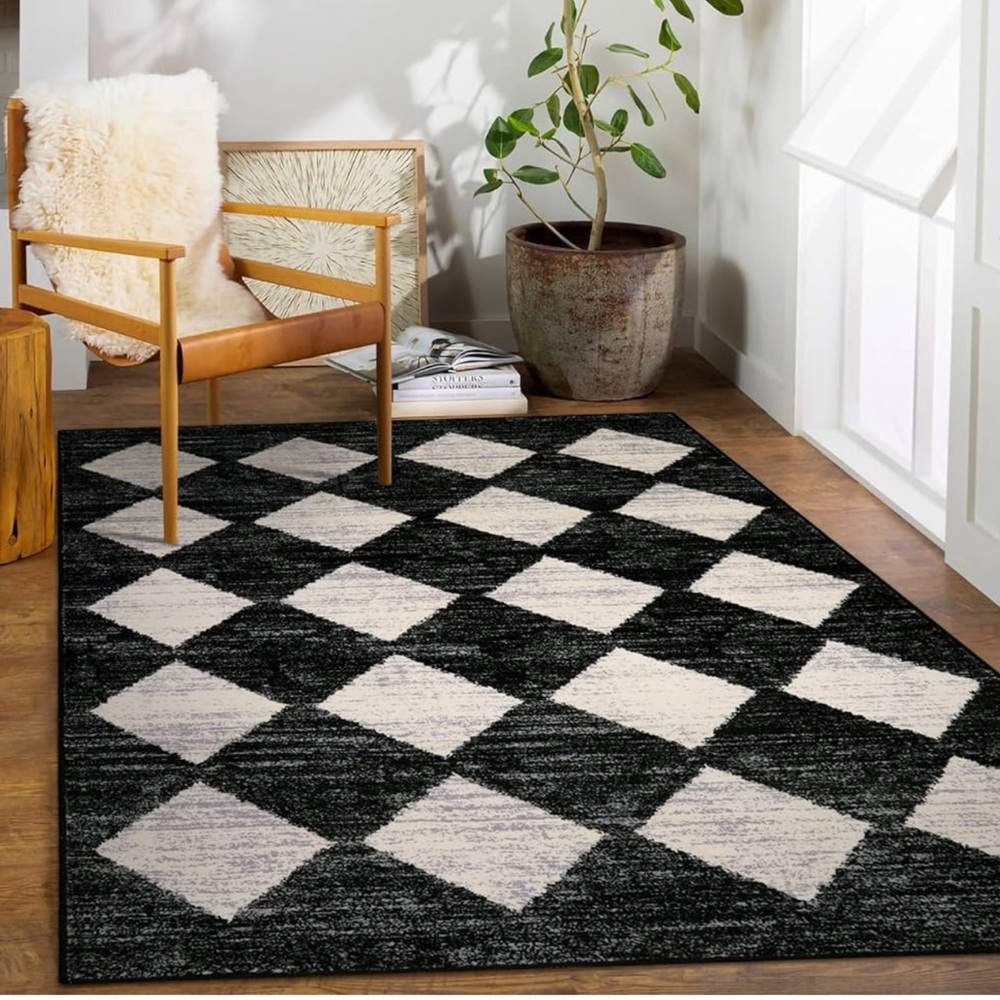 🆕 MC Style Area Rug Black & Ivory Check Checker Plaid 5’ x 7’ MACHINE WASHABLE